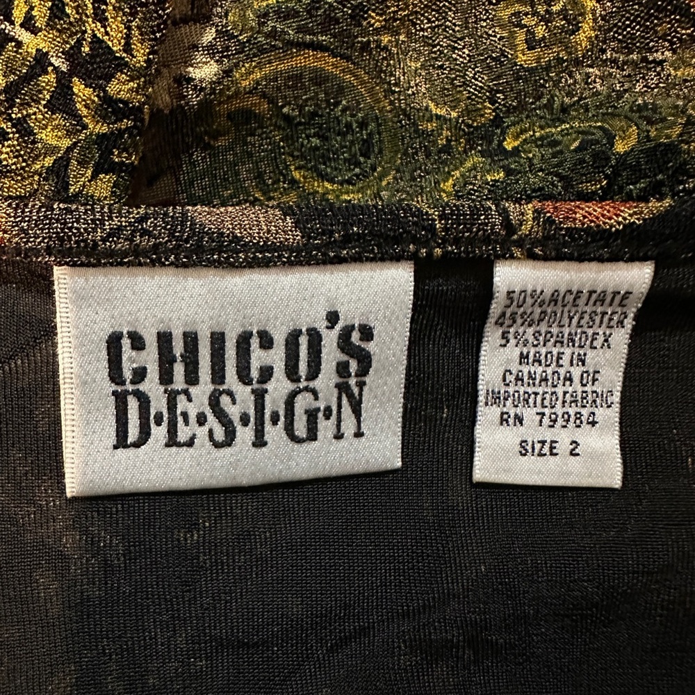 Chico's Design Black Gold Stretch Long Sleeve Top Busy Floral Pattern 2 Medium - Picture 15 of 16